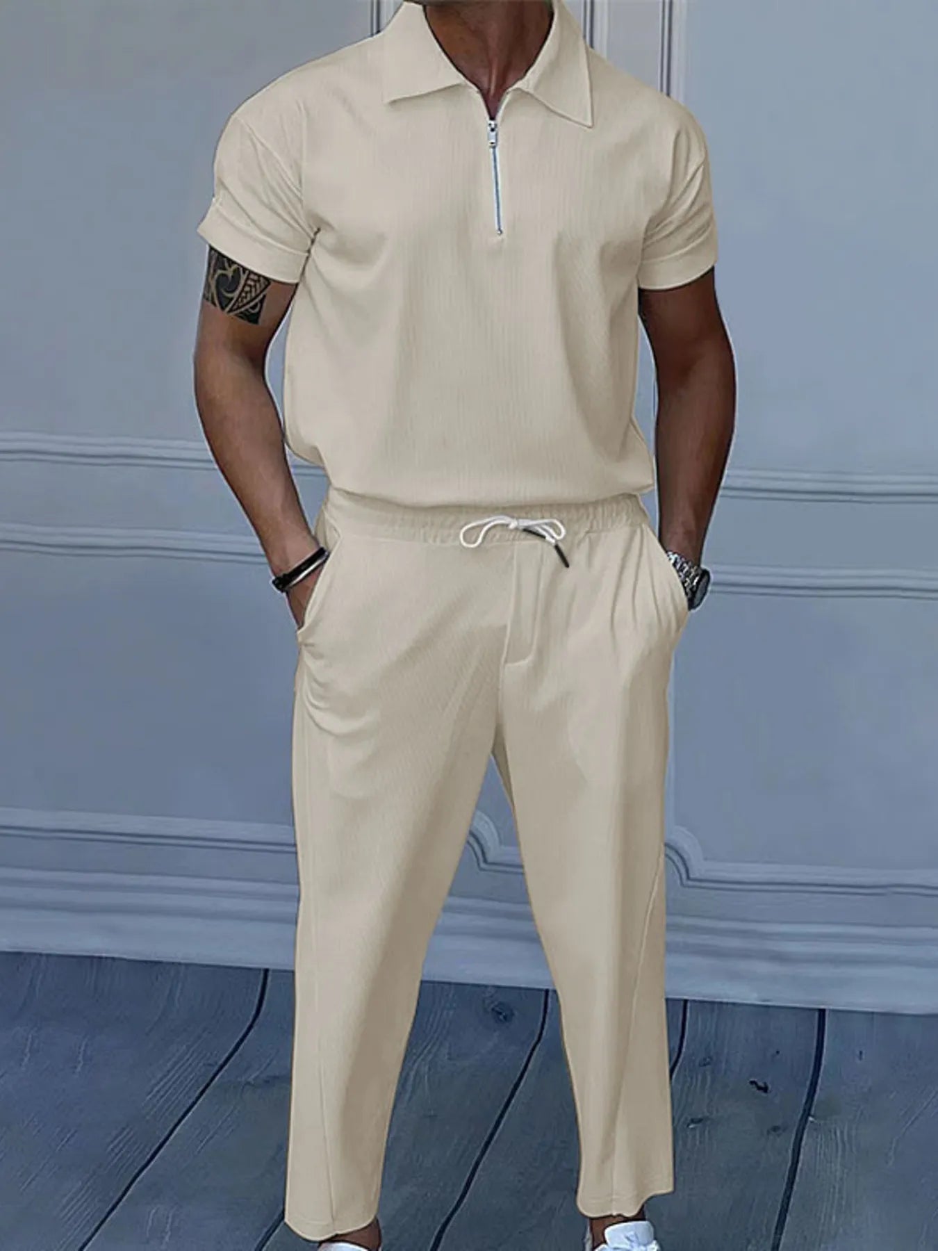 men's men's full size quarter zip short sleeve polo and pants set plus size - styled view