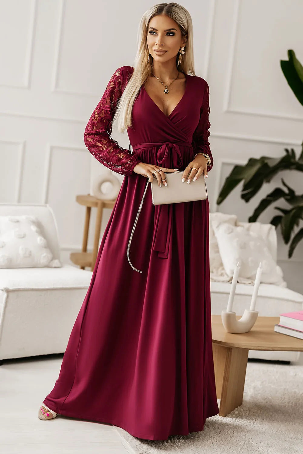 Lace Detail Surplice Tie-Waist Maxi Dress Wine