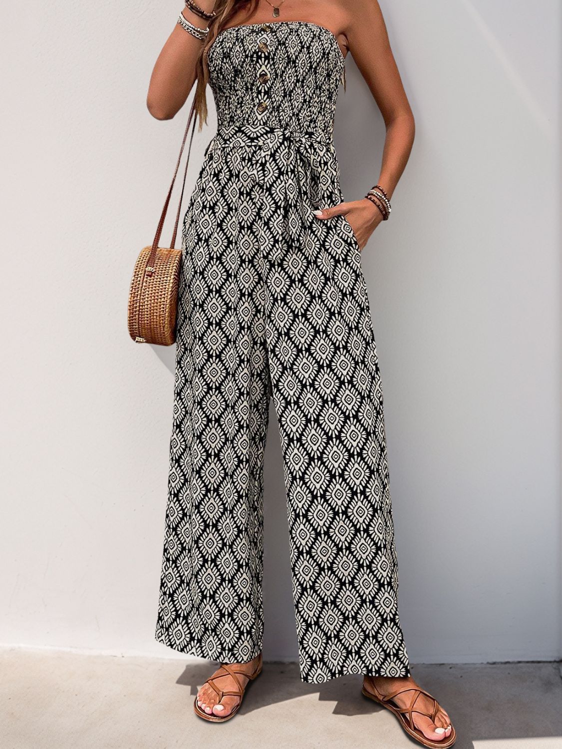 Perfee Printed Smocked Sleeveless Jumpsuit