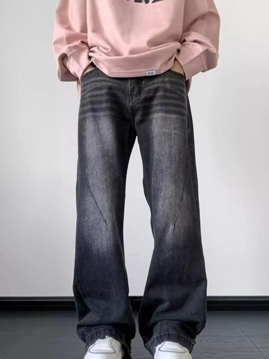 men's men's full size vintage wash wide leg jeans plus size - alternate angle