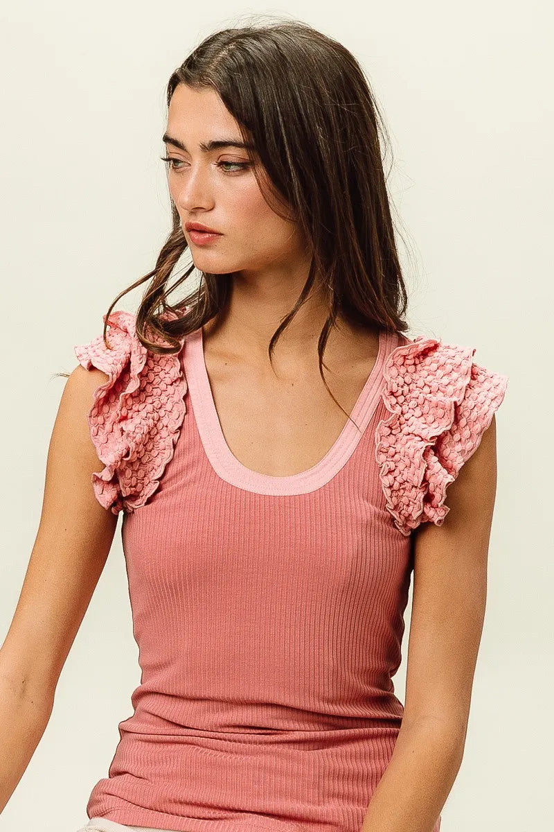 bibi rib knit with textured ruffled top shown as women’s outerwear