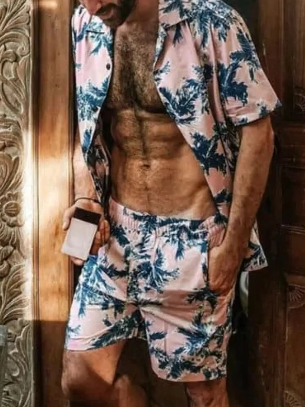 men's men's full size tropical print hawaiian style top and shorts set plus size - product showcase