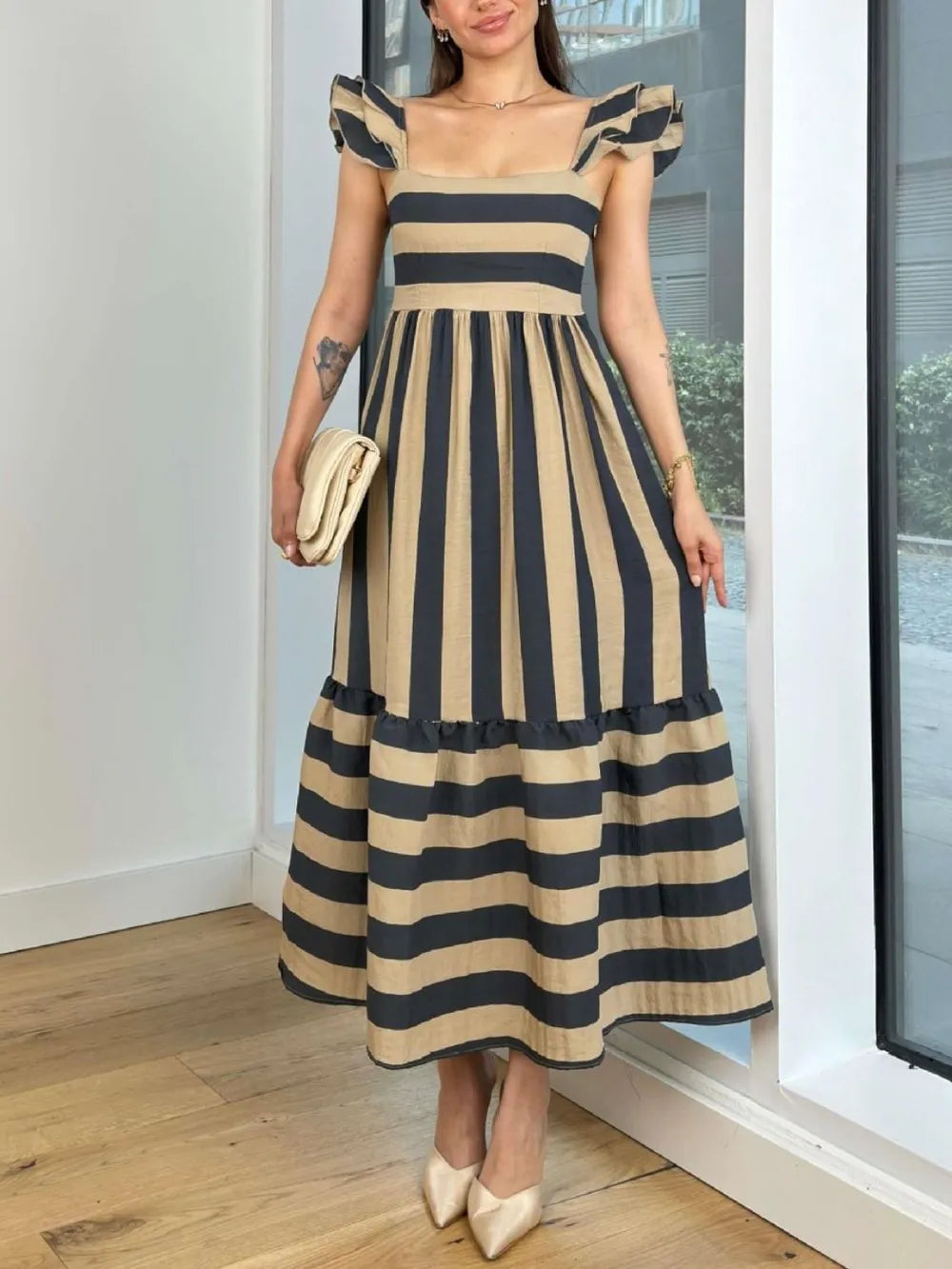 Smocked Striped Square Neck Cap Sleeve Dress Tan