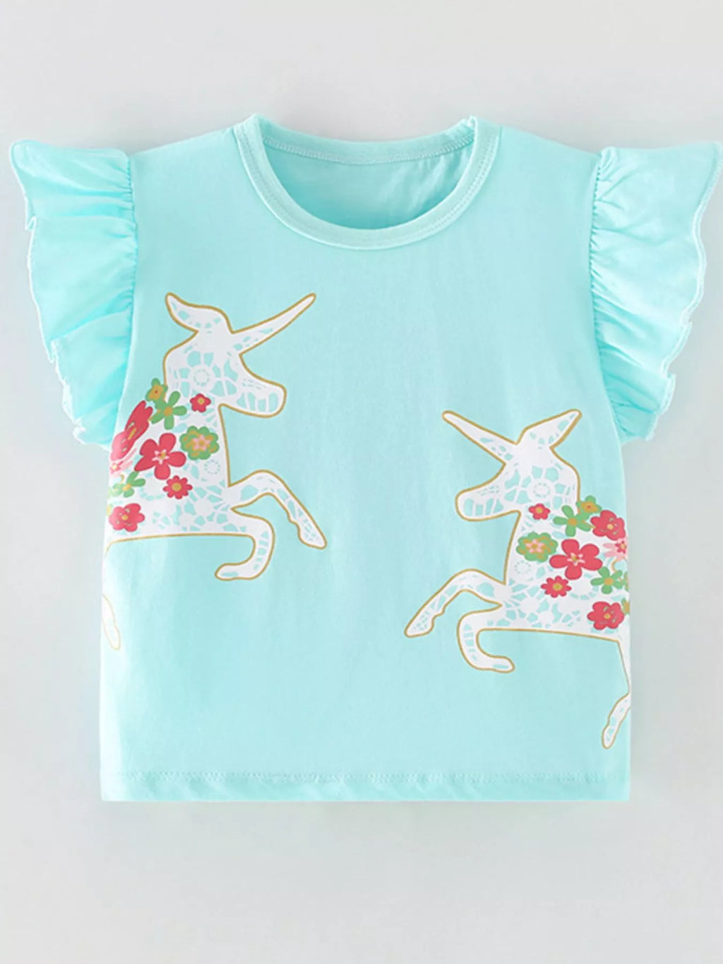 women's children's cute unicorn floral print ruffle sleeve t-shirt - styled view