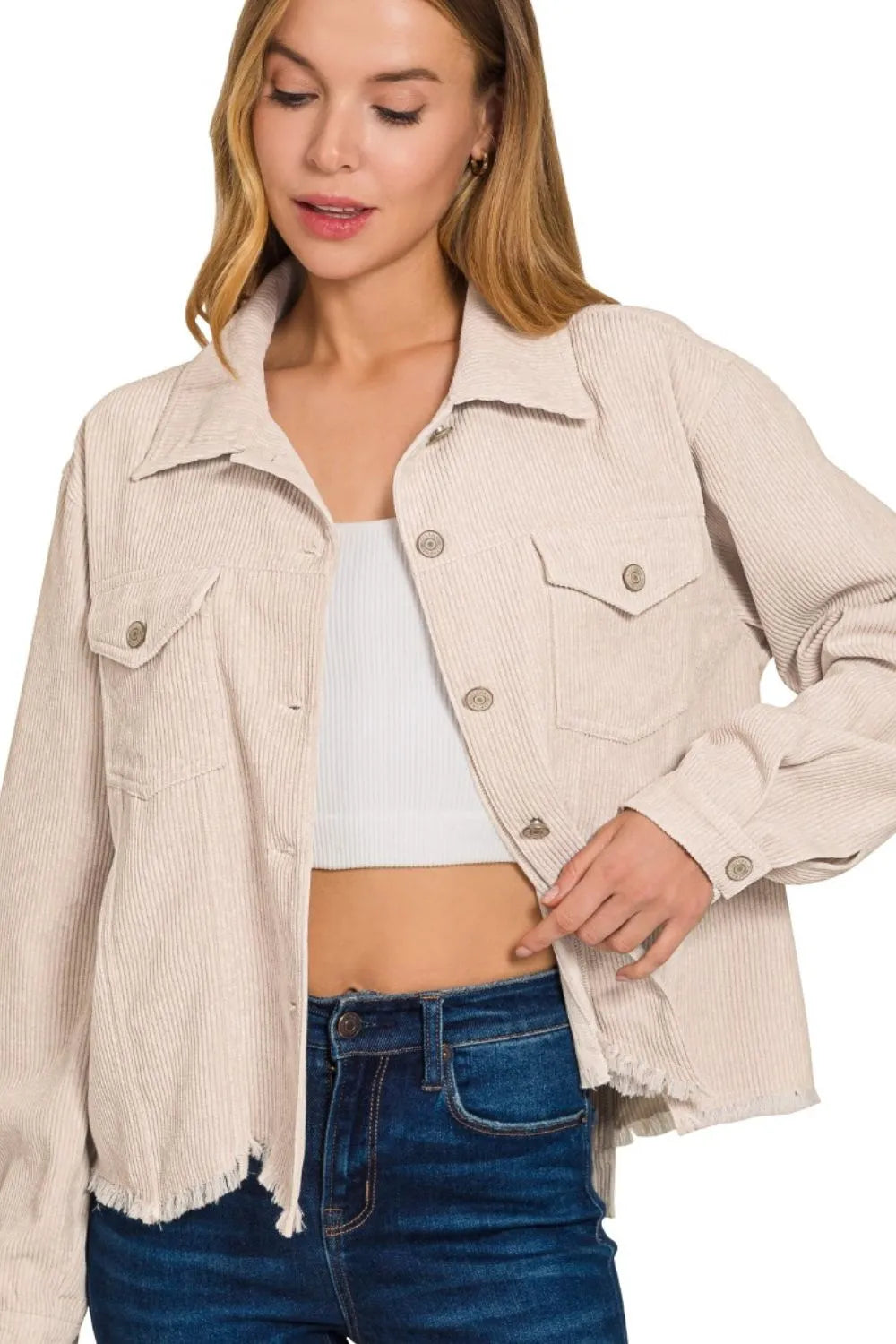zenana distressed corduroy frayed hem cropped jacket - vintage streetwear style shown as women’s jac