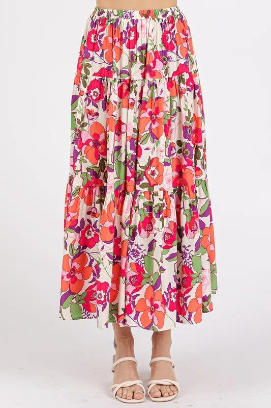 Mittoshop Flower Print Elastic Waist Tiered Skirt Coral