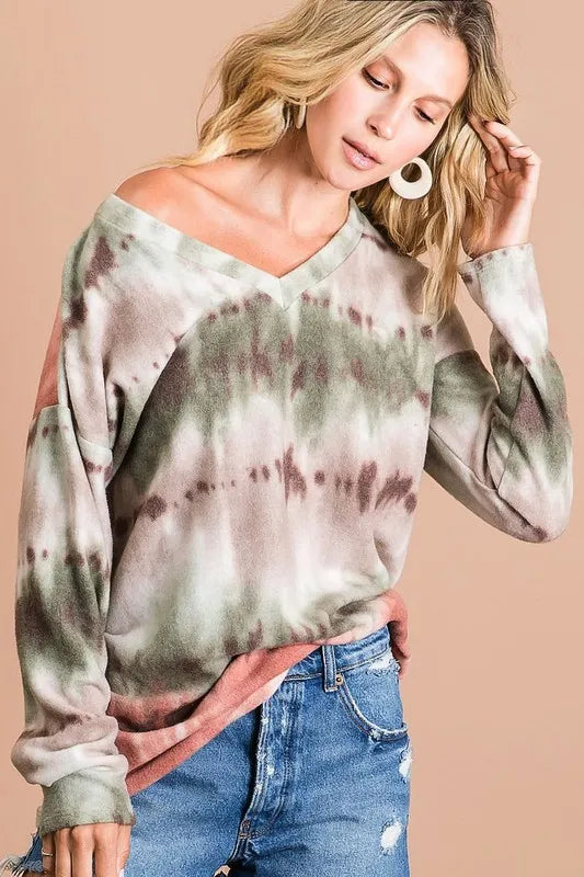 women's bibi brushed tie dye looking print v neck top - extra view