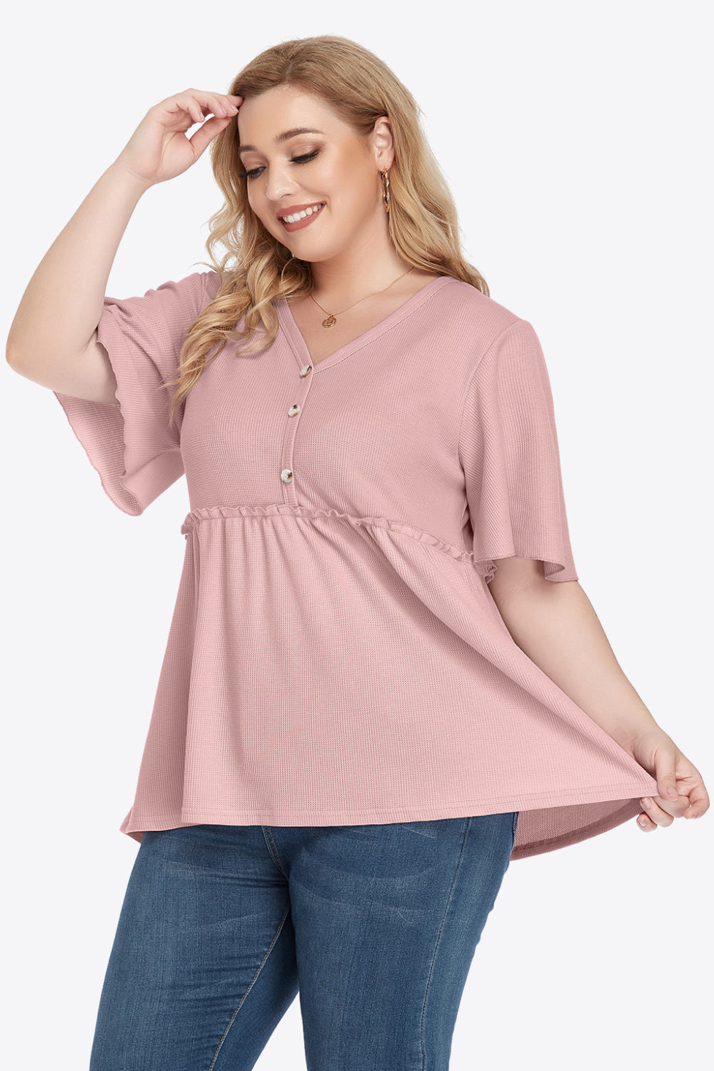 Plus Size Buttoned V-Neck Frill Trim Babydoll Blouse Dusty Pink