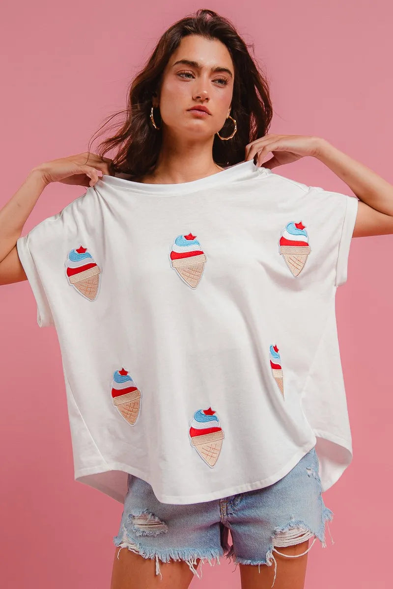 bibi solid terry with fourth of july theme patched top shown as women’s outerwear