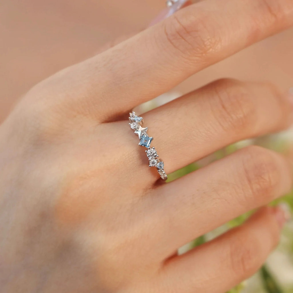 everyday rings rose gold solitaire ring Star Inlaid Zircon Ring in 925 Sterling Silver – Donjane in Silver, size 6, 7, 8, 9, shown in angled view highlighting gemstone detail