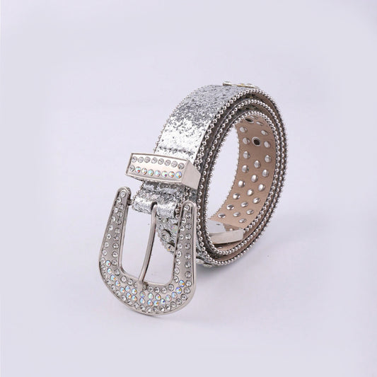 PU Leather Rhinestone Belt Silver