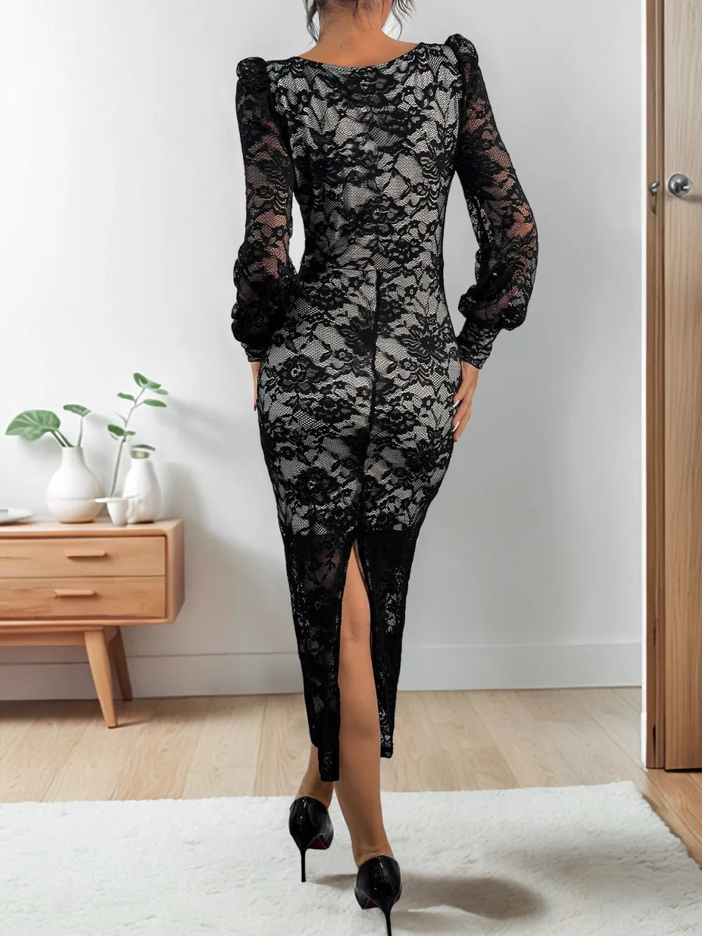 Perfee Lace Sweetheart Neck Long Sleeve Midi Dress