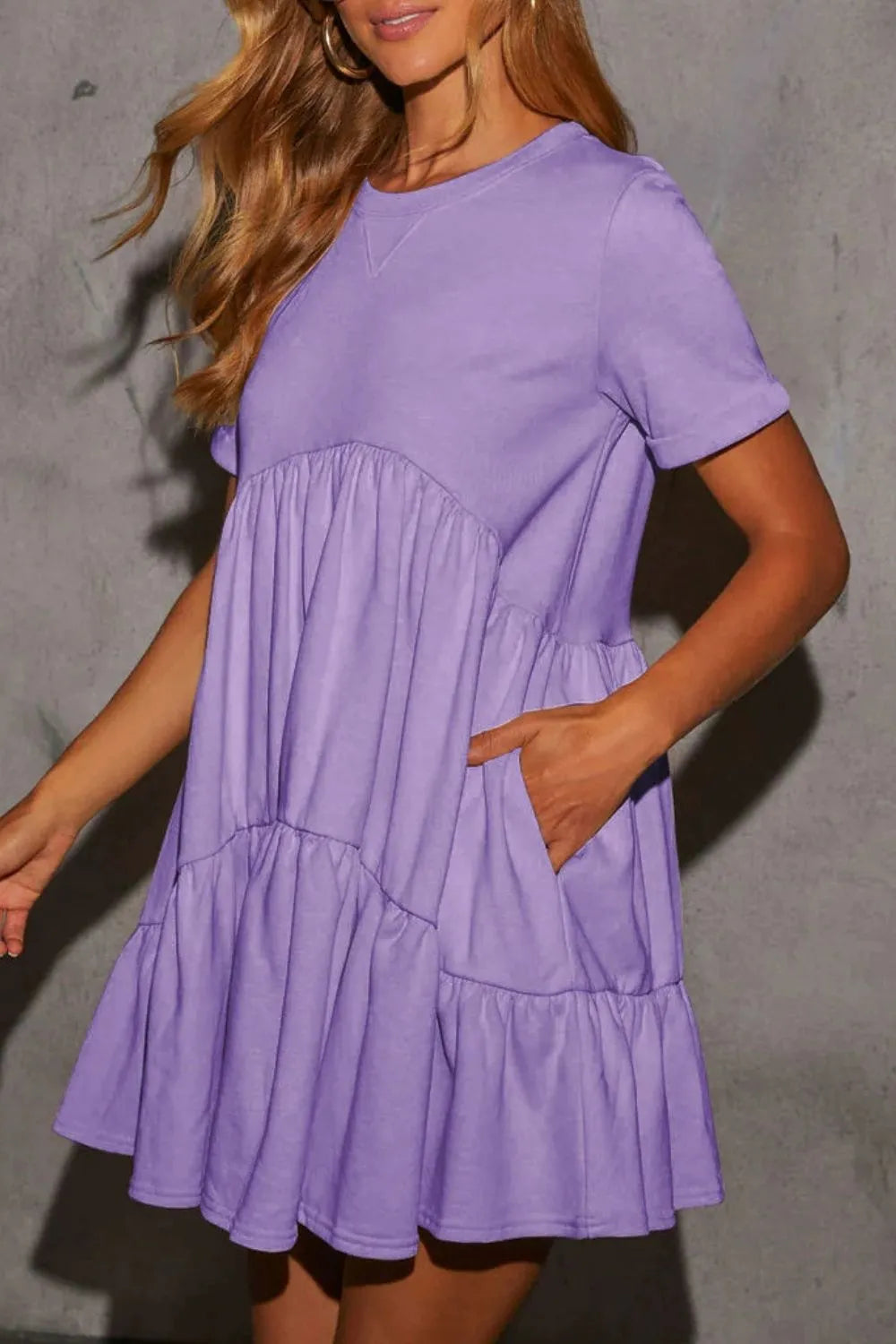 Tiered Round Neck Short Sleeve Mini Dress Lavender
