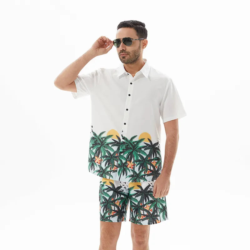 men's men's full size printed short sleeve shirt and shorts set plus size - main product image