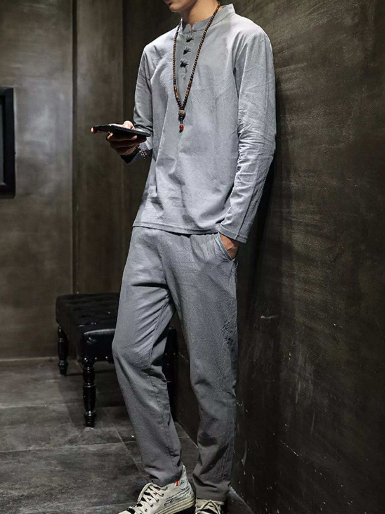 men's men's plus size button detail long sleeve top and pants set - product detail