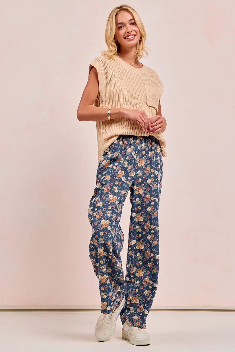 bibi washed floral print wide leg jeans shown as women’s outerwear