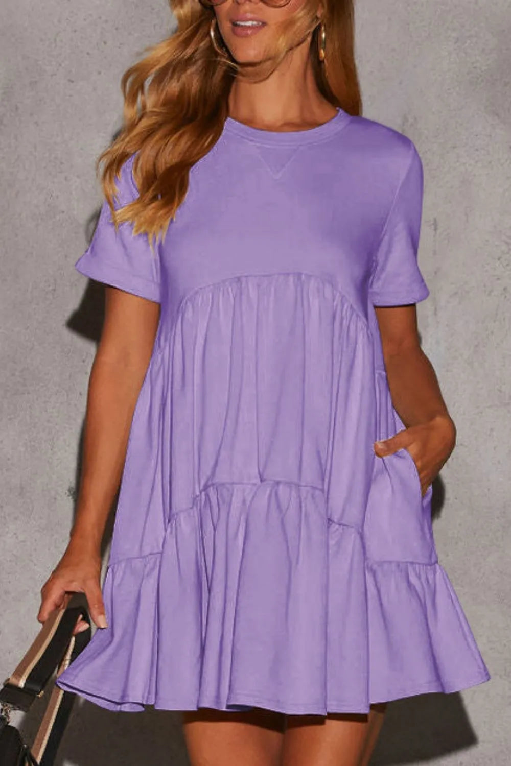 Tiered Round Neck Short Sleeve Mini Dress