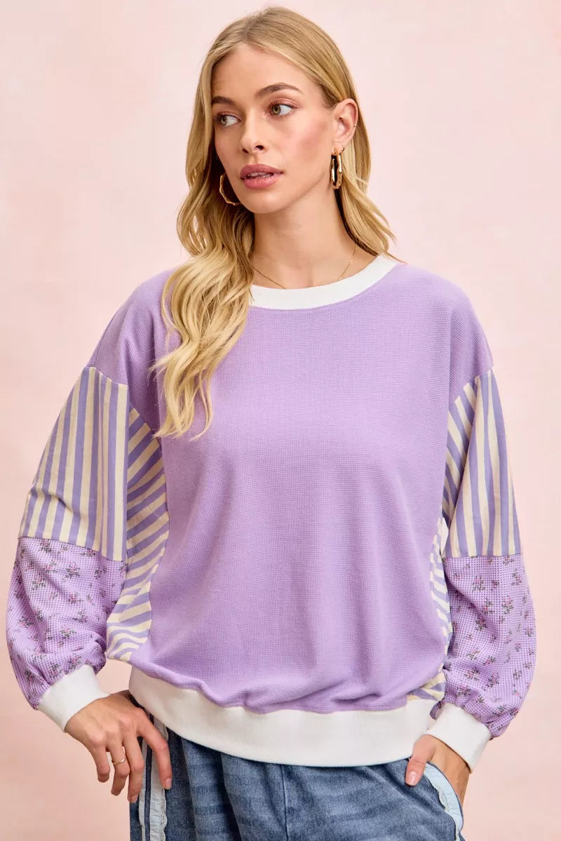 women's bibi mix and match sweatshirt with floral sleeve striped - styled view