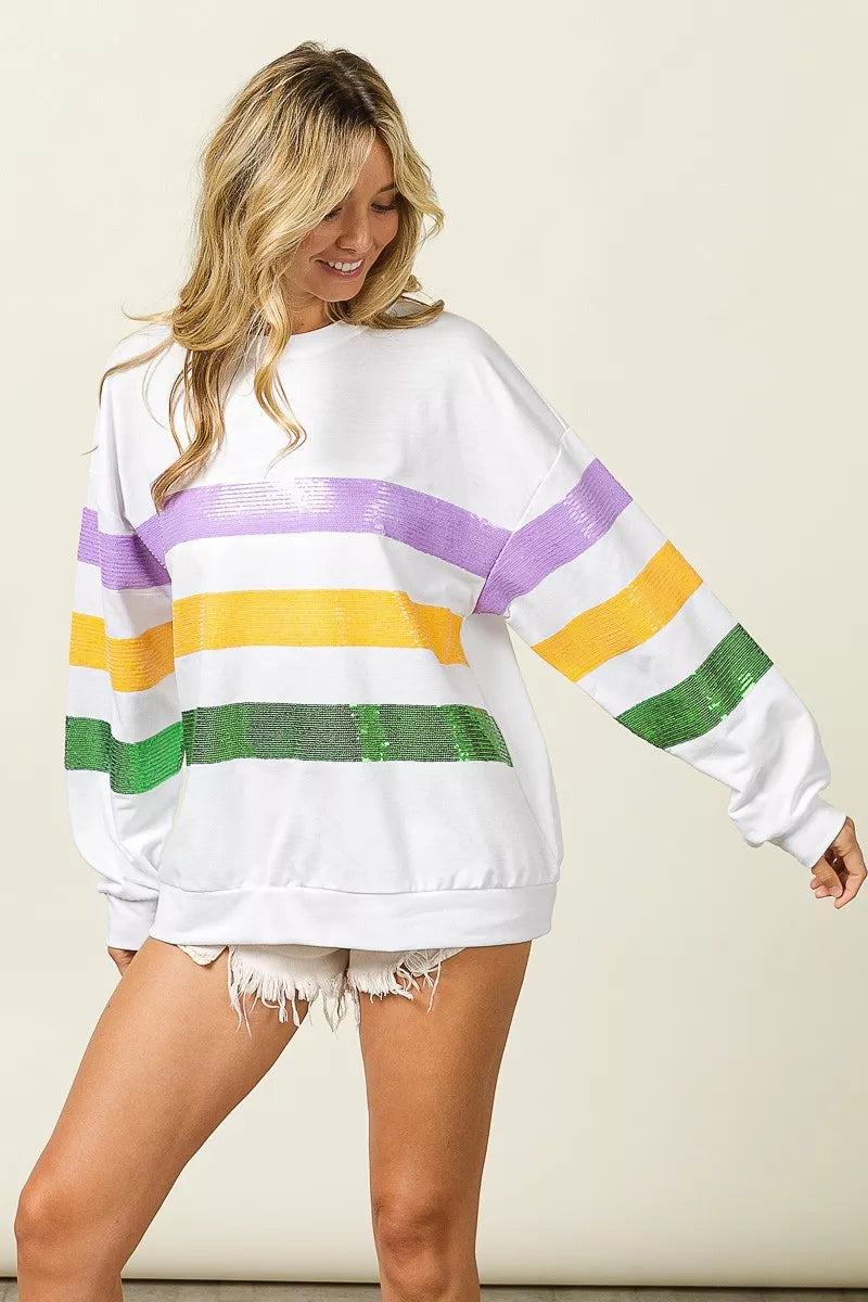 women's bibi sequin mardi gras striped round neck sweatshirt - additional image