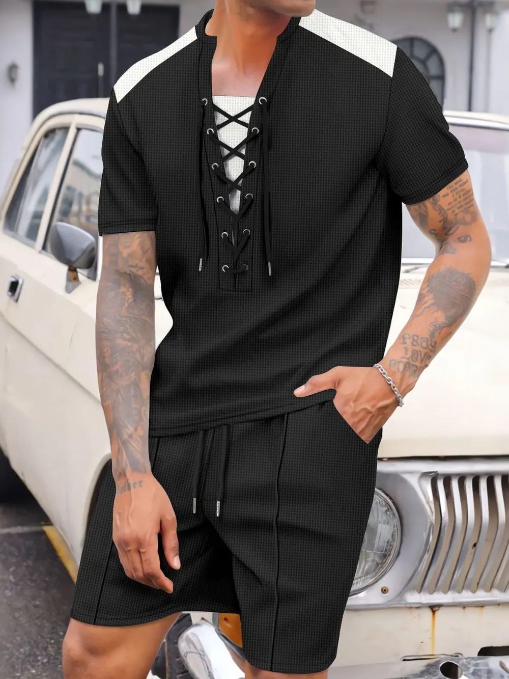 Men's Full Size Lace-Up Waffle Knit Top and Shorts Set Plus Size Black