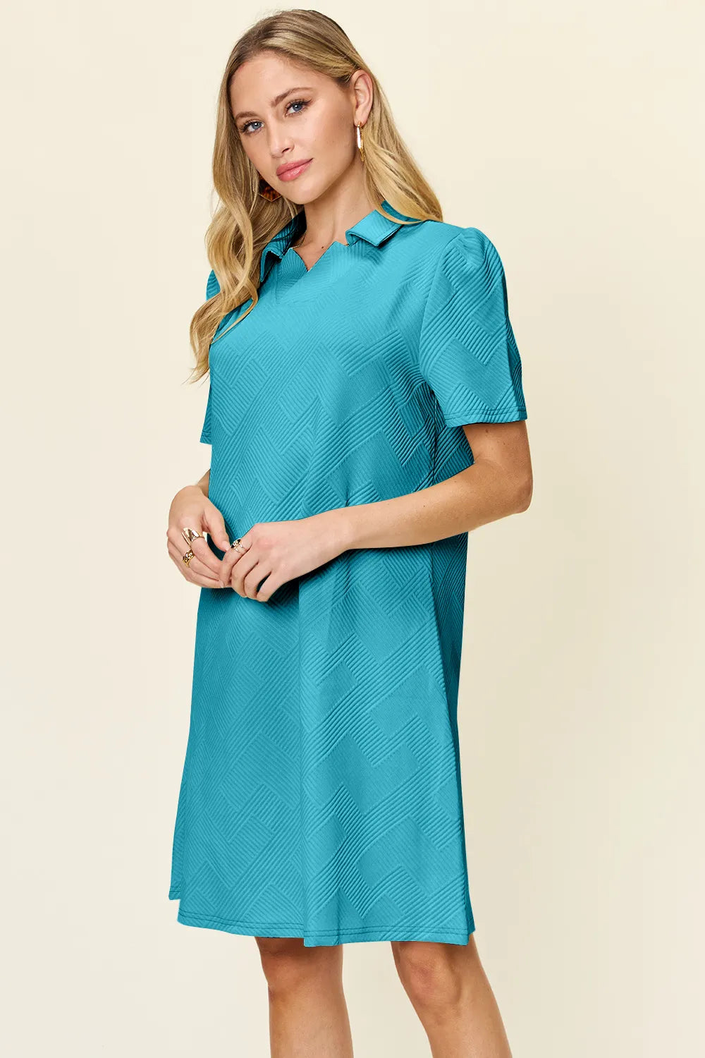 Double Take Full Size Texture Collared Neck Short Sleeve Dress Sky Blue