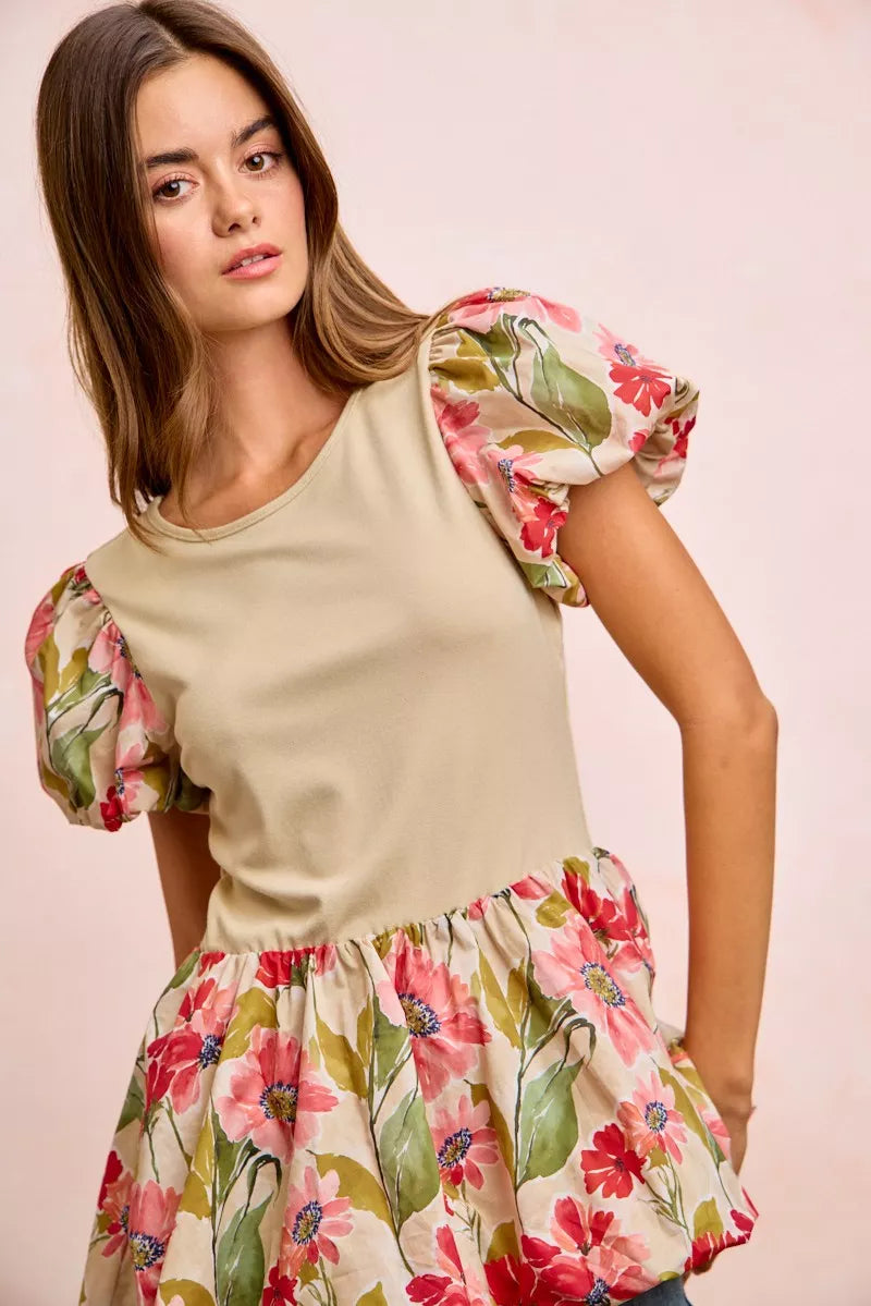 women's bibi floral printed bubble sleeves and hem peplum top - additional angle