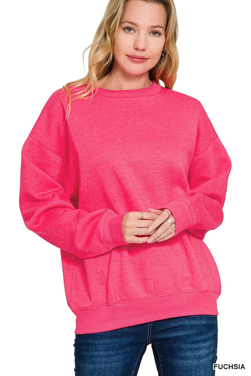 women's sweatshirt: zenana fleece crewneck long sleeve sweatshirt | shown as women’s outerwear