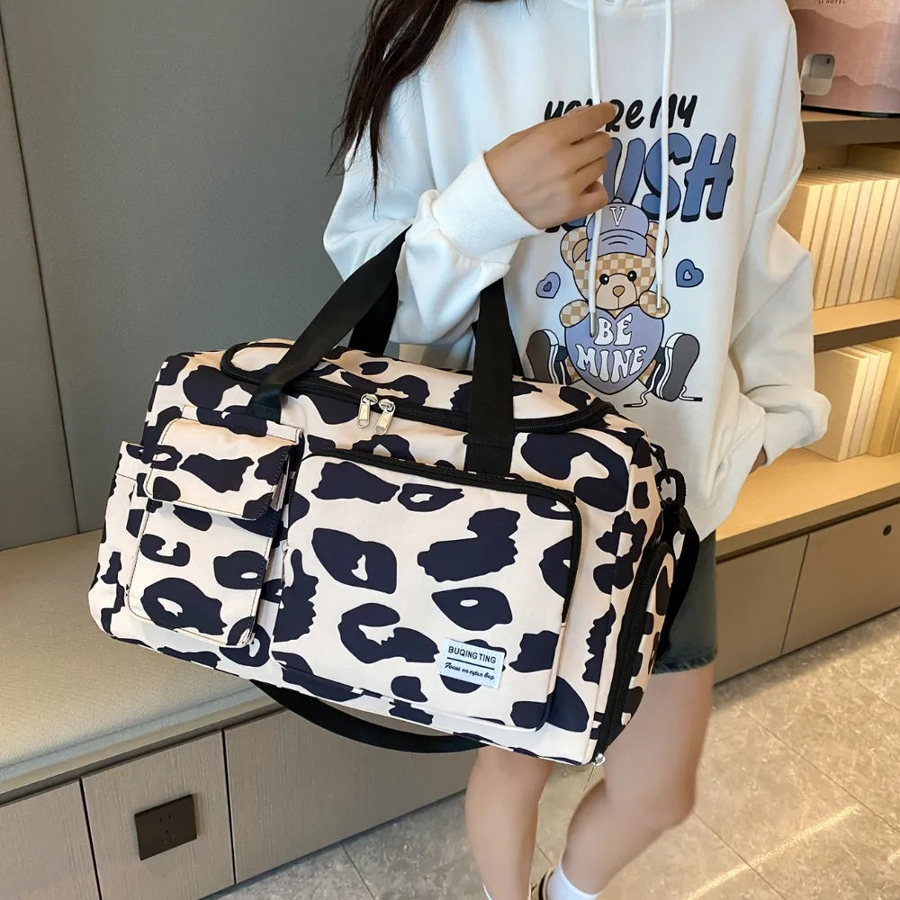 Oxford Cloth Animal Print Travel Bag Tan One Size