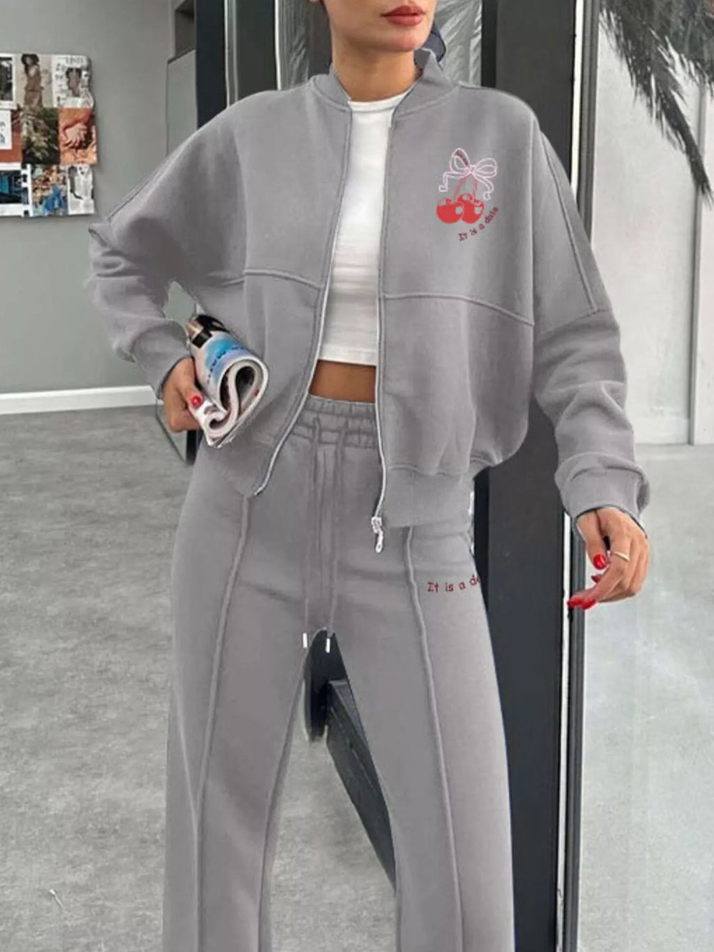 women's zip up dropped shoulder outerwear and pants set - additional image