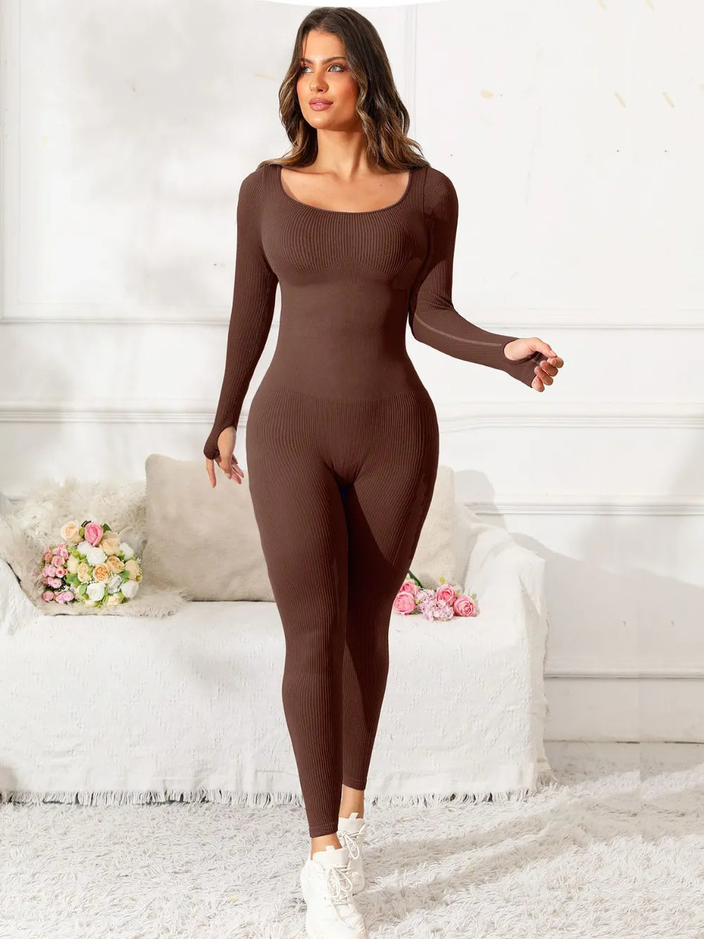 women's scoop neck long sleeve active jumpsuit - additional image