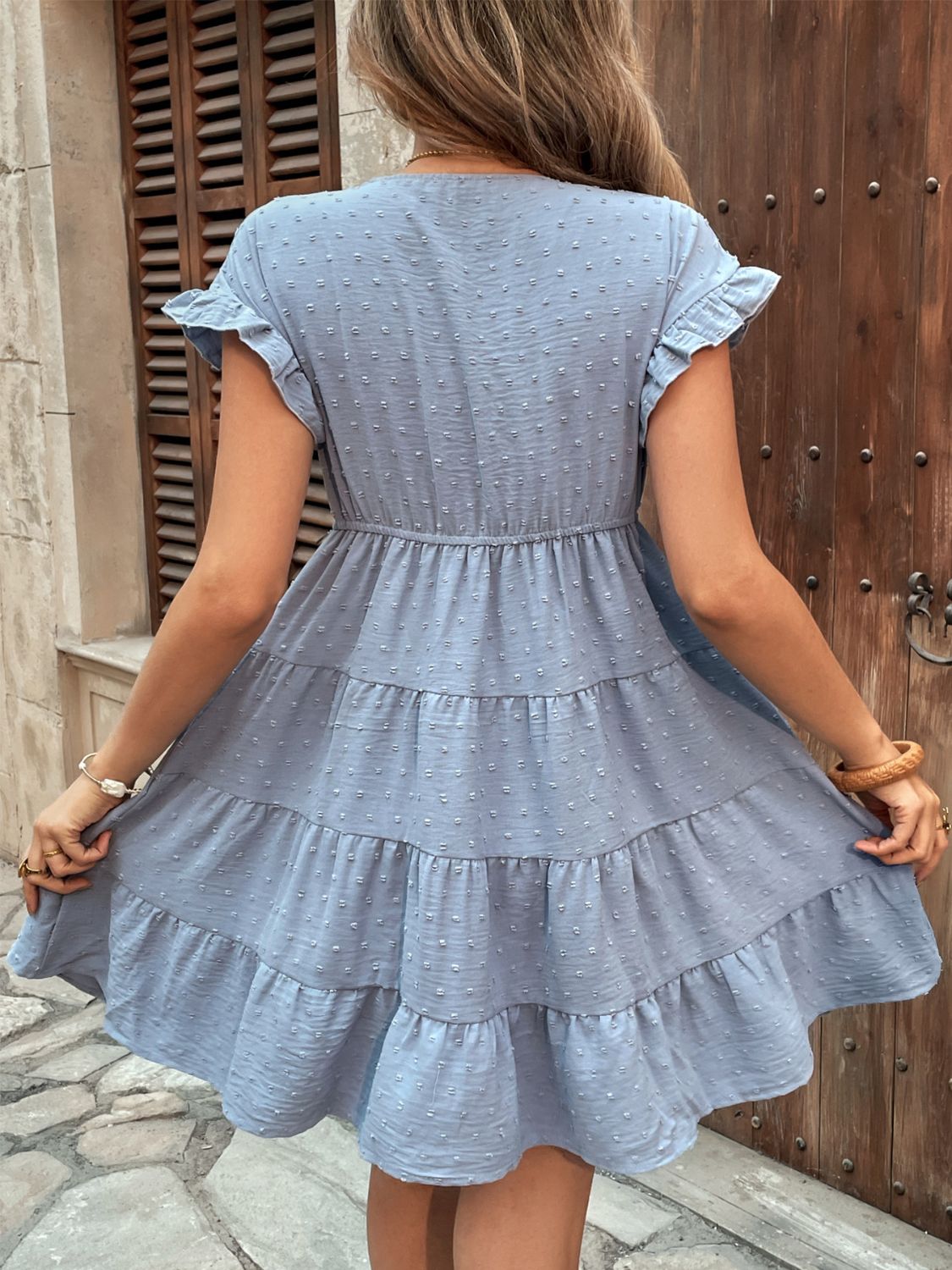 Perfee Swiss Dot Ruffled Tiered Mini Dress with Pockets