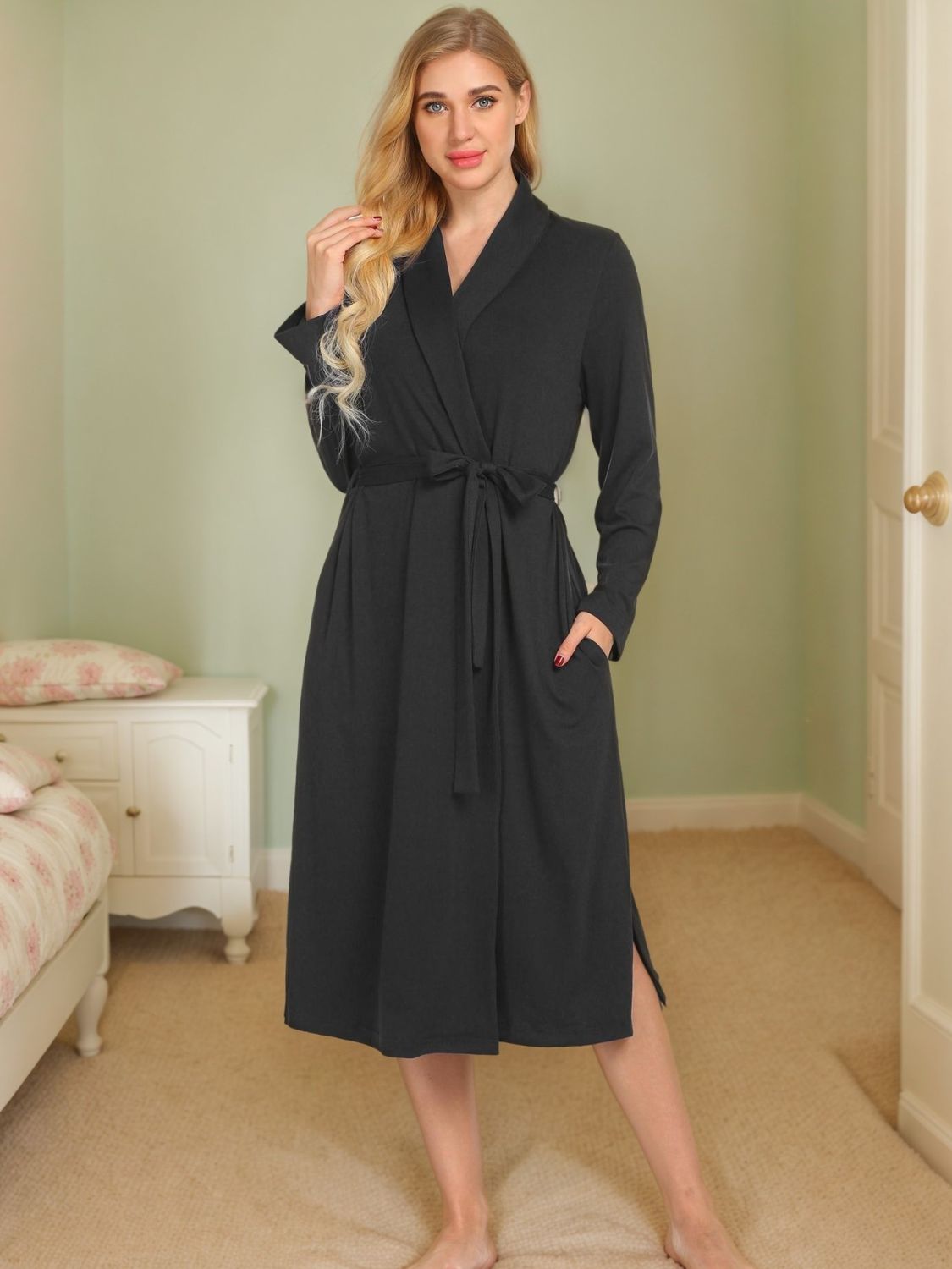 Tied Lounge Nightgown with Pockets Black