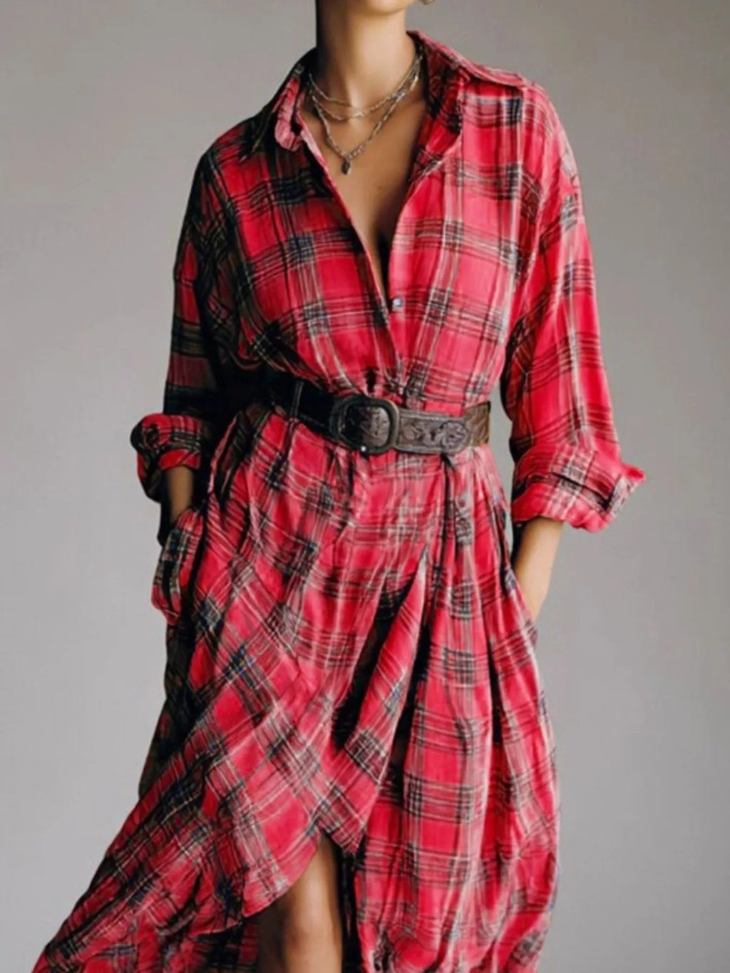 women's full size plaid high-low long sleeve shirt dress plus size - product detail