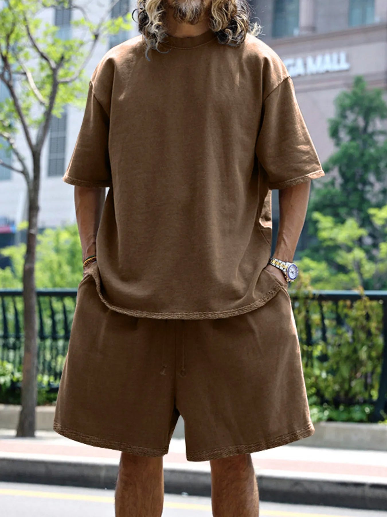 men's men's full size round neck short sleeve top and shorts set plus size - additional image