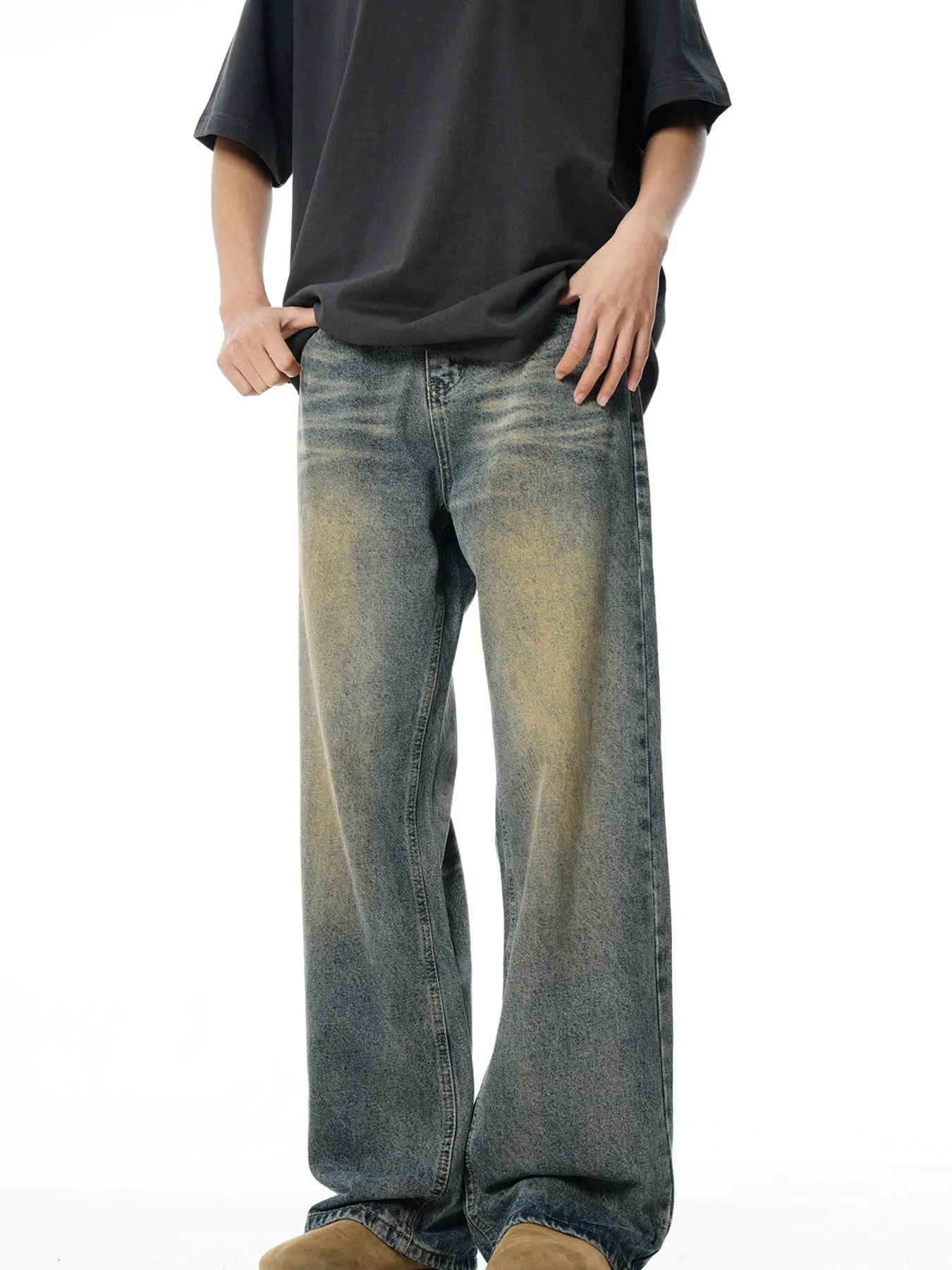men's men's full size vintage wash wide leg jeans plus size - close-up detail