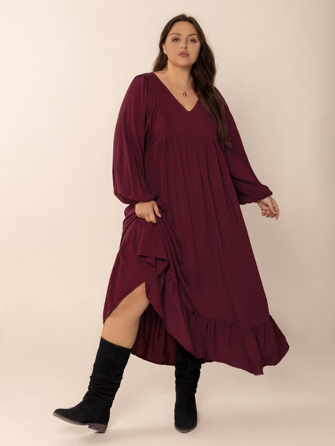 Plus Size Ruffled Hem V-Neck Balloon Sleeve Dress Burgundy