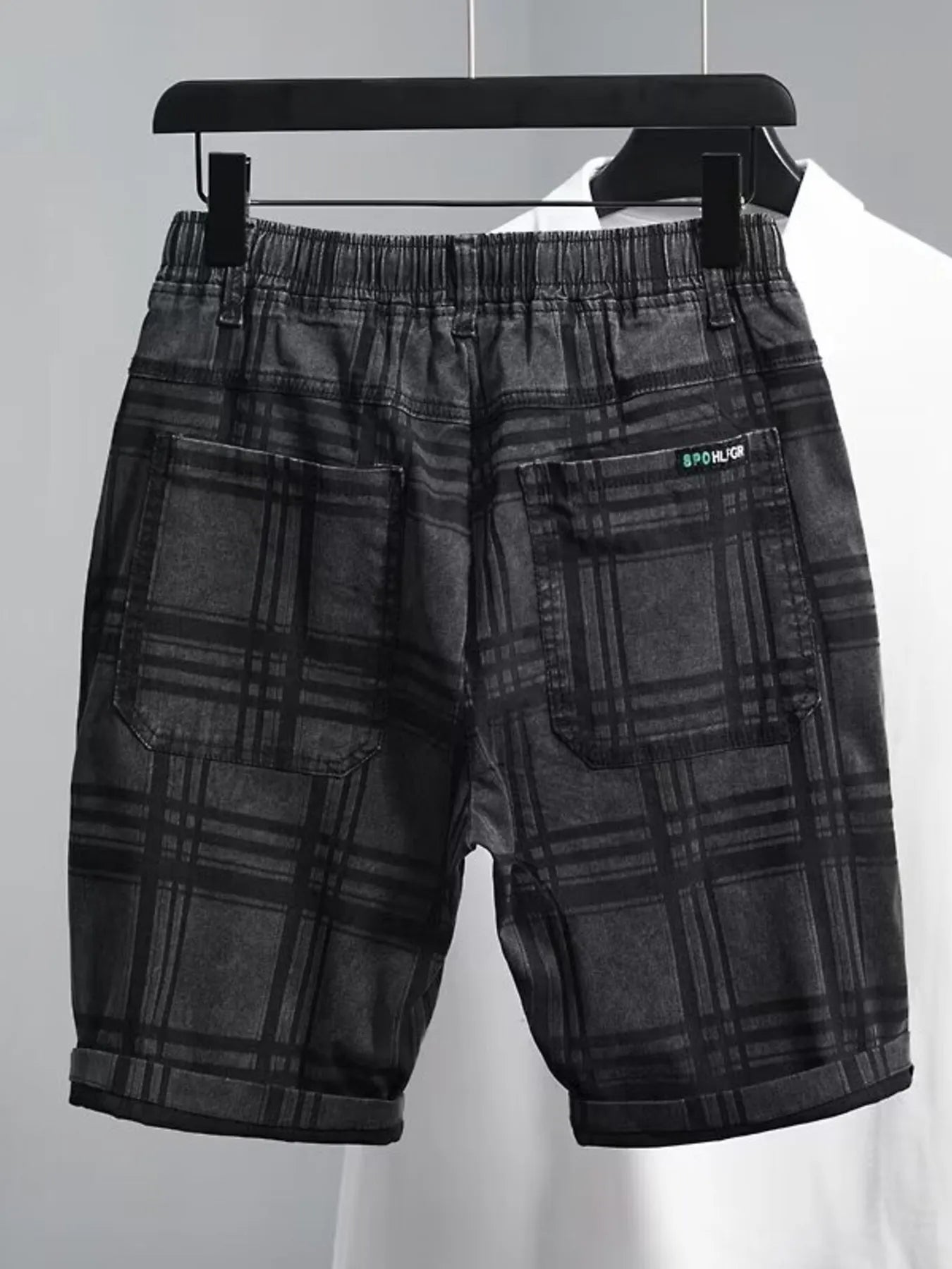 men's men's plus size plaid pattern elastic waist denim shorts - side view