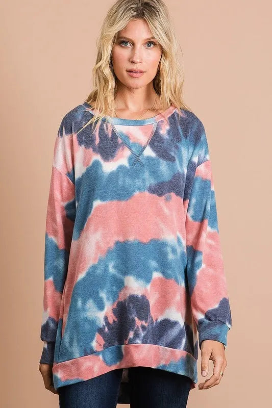 bibi tie dye french terry pull over with front stitching detail - product detail