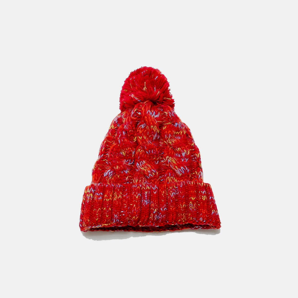 Contrast Cable-Knit Hat with Pompom Deep Red One Size