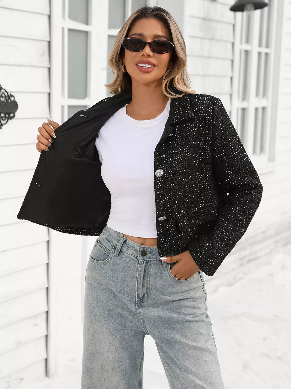 women's tweed button up cropped jacket - additional image