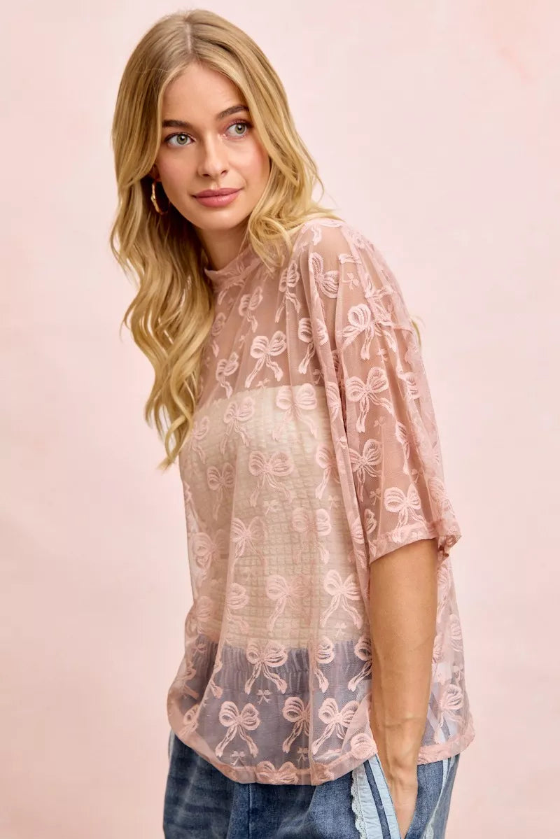 women's bibi bow pattern short sleeves boxy mesh top - additional image