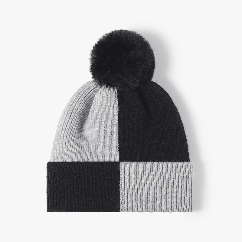 Color Block Knit Hat with Pom-pom Black One Size