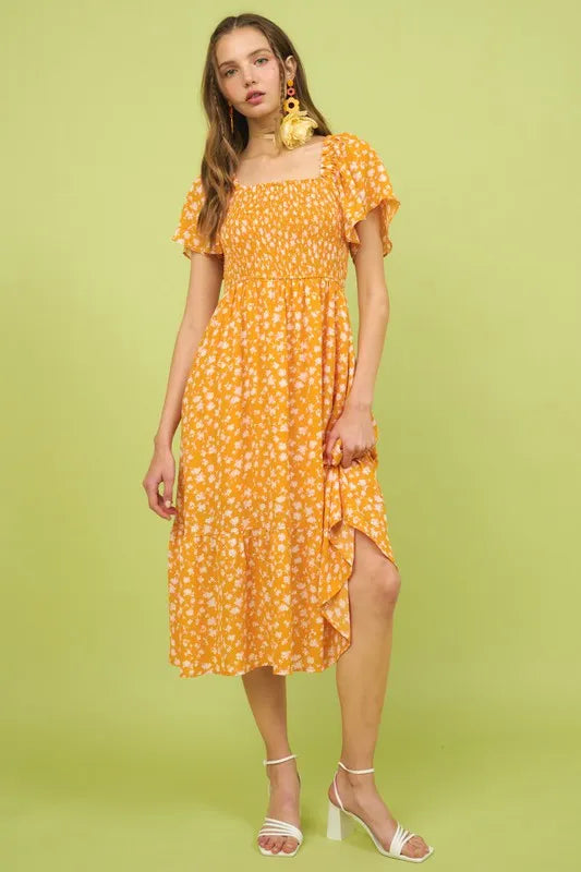 Mittoshop Flower Print Flutter Sleeve Smocked Midi Dress Gold