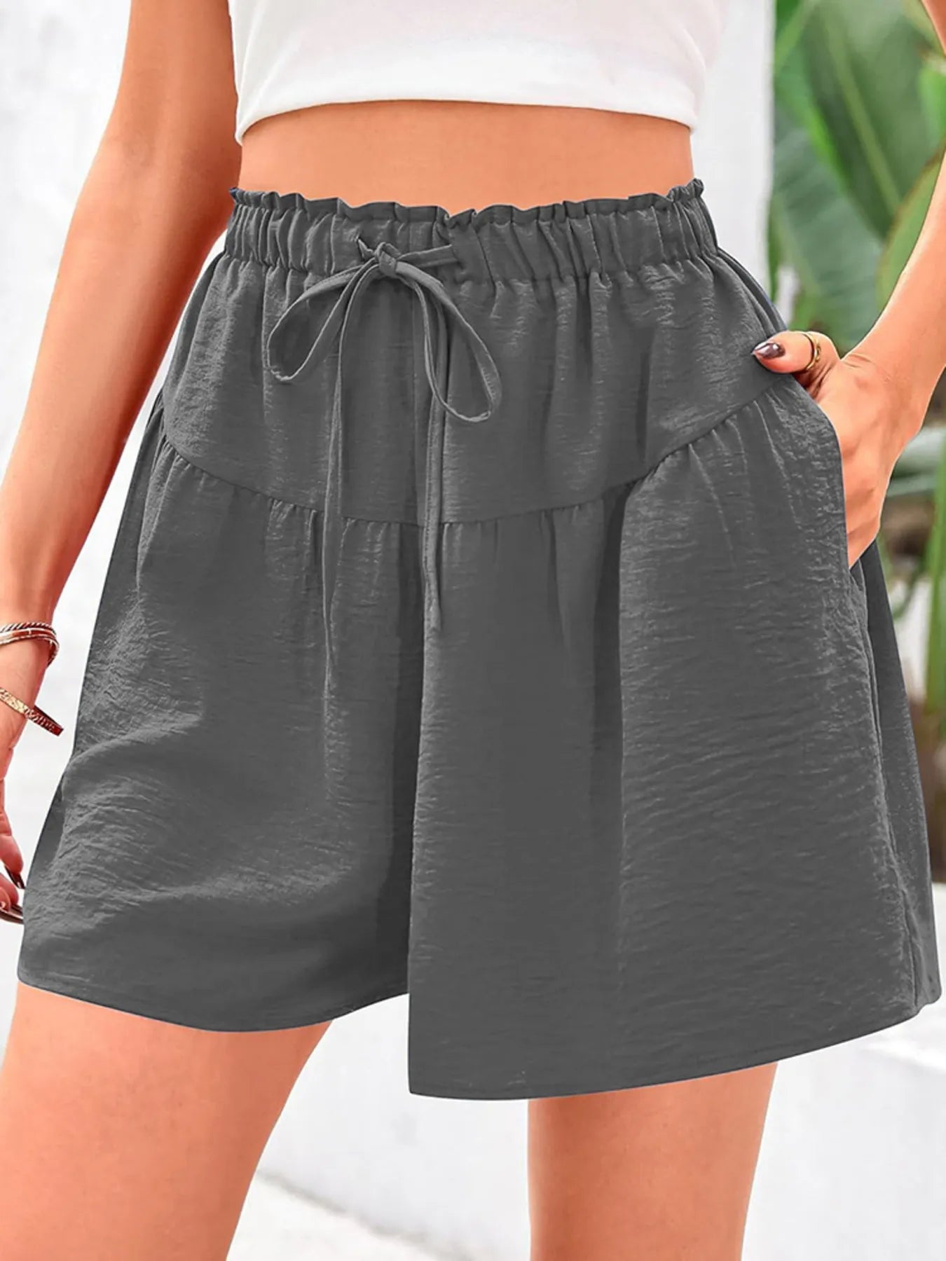 Full Size Casual Drawstring High Waist Relaxed Shorts Plus Size Grey