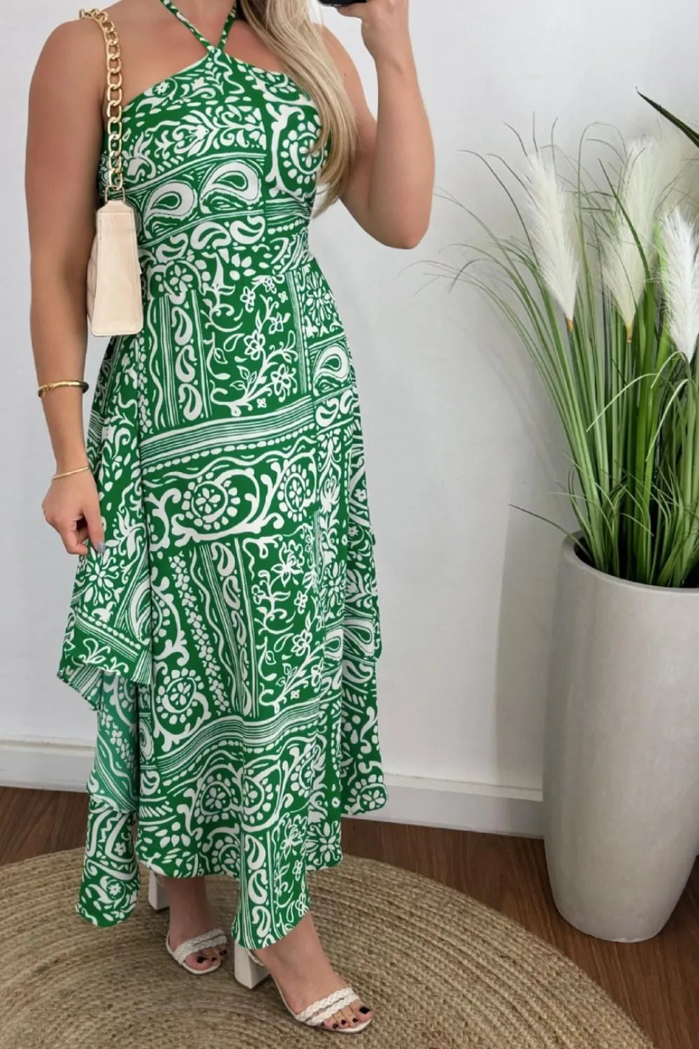 Smocked Printed Halter Neck Dress Green
