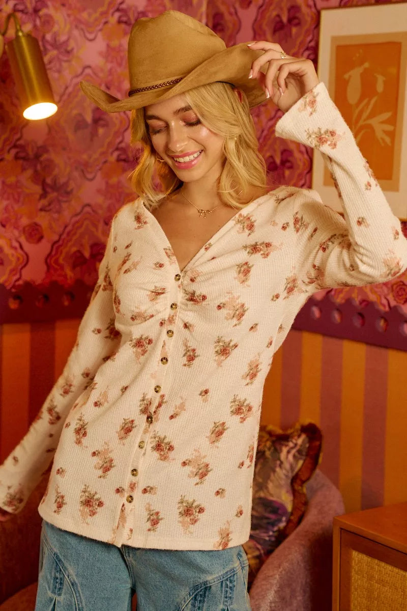 women's bibi textured floral printed button up shirt with shrried - extra view