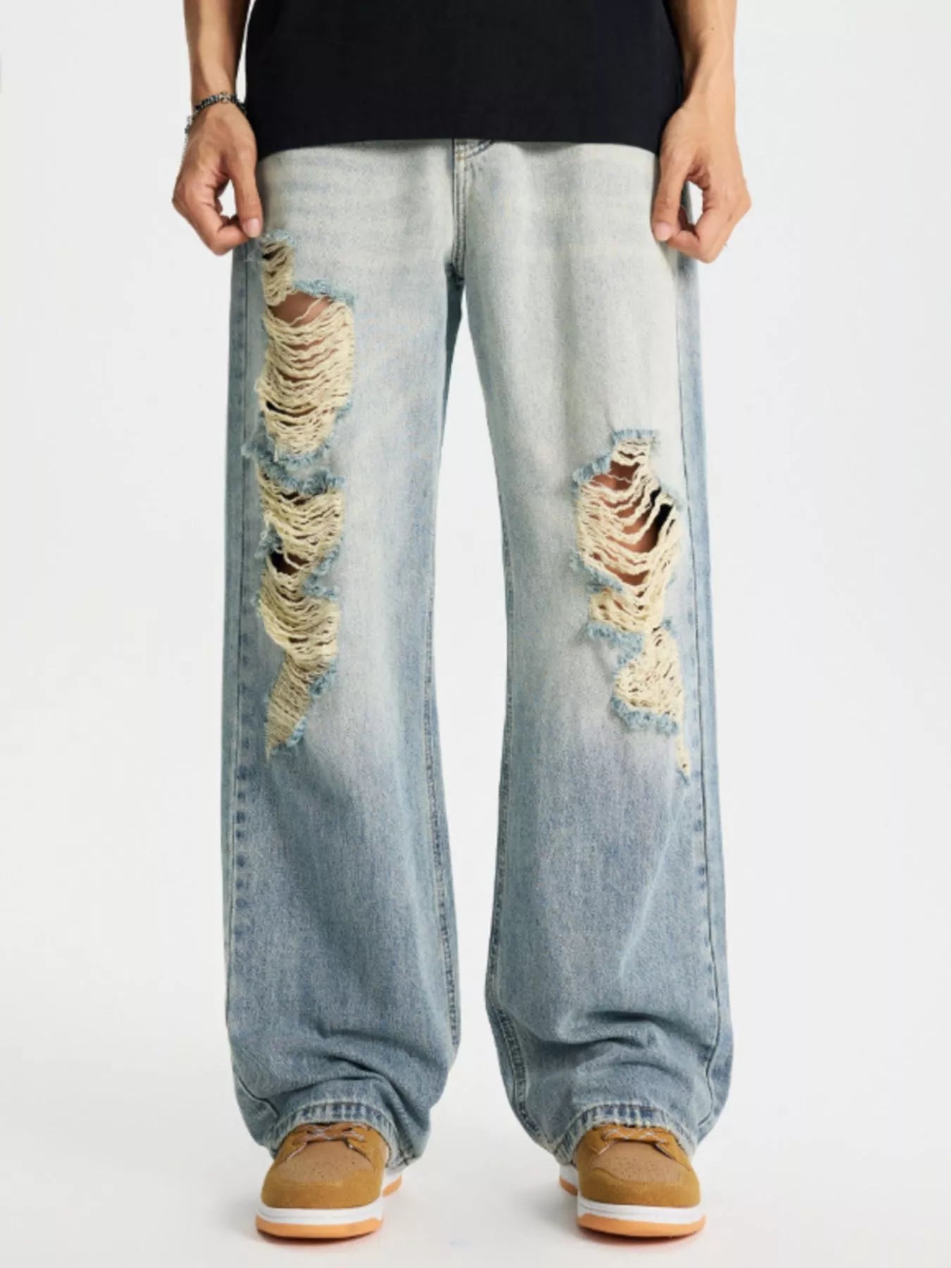 men's men's full size distressed wide leg jeans plus size - styled view