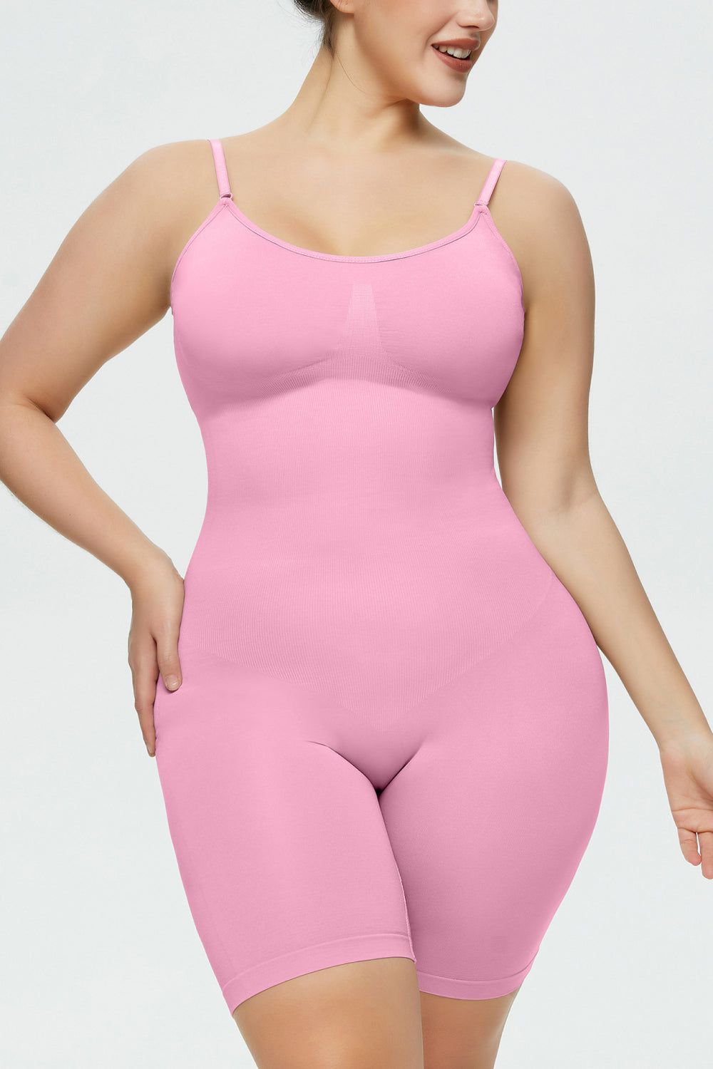 full size spaghetti strap shaping romper in pink with body-hugging fit and curve-sculpting design

