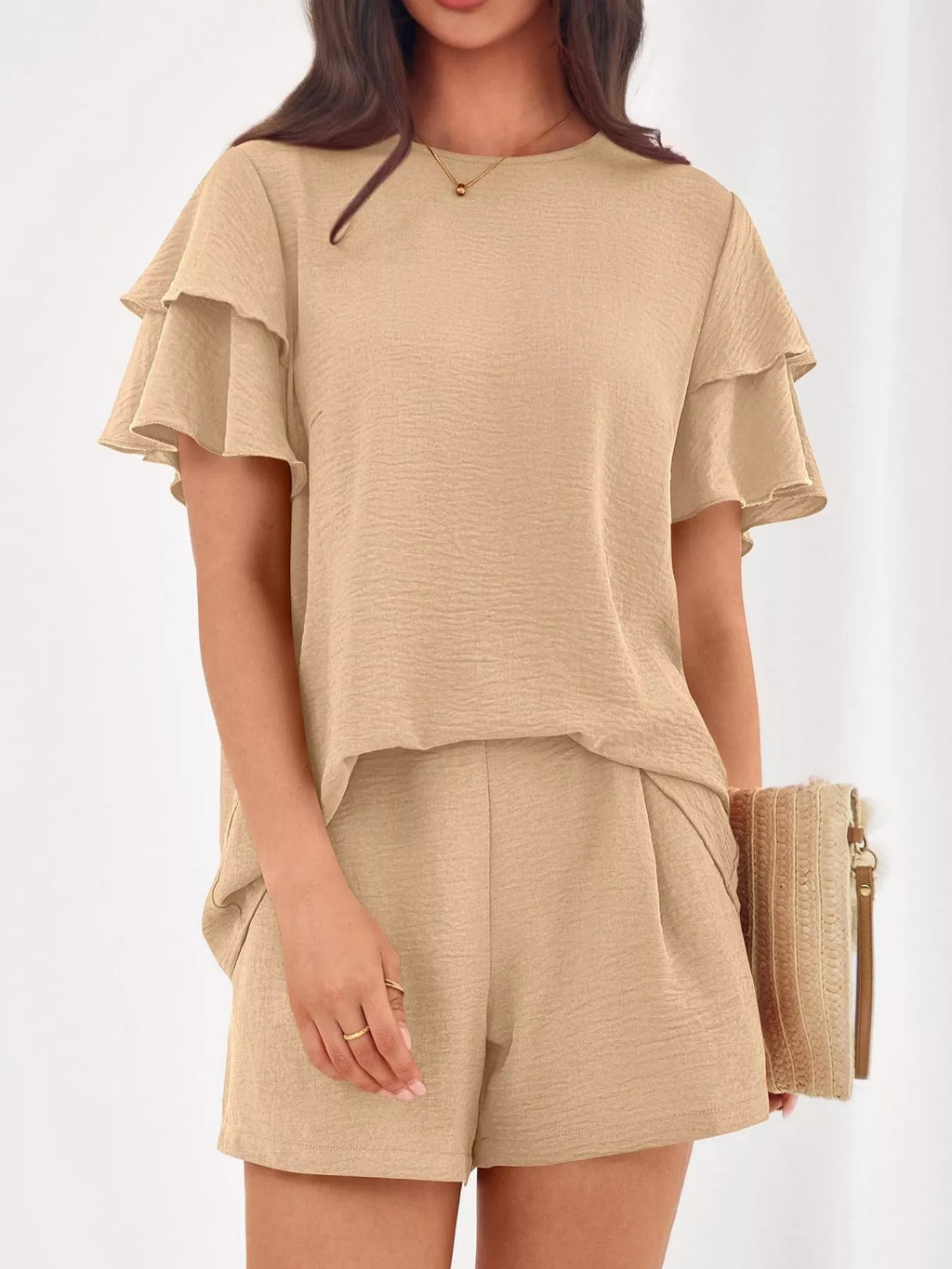 women's ruffle sleeve top and shorts two-piece set - styling option