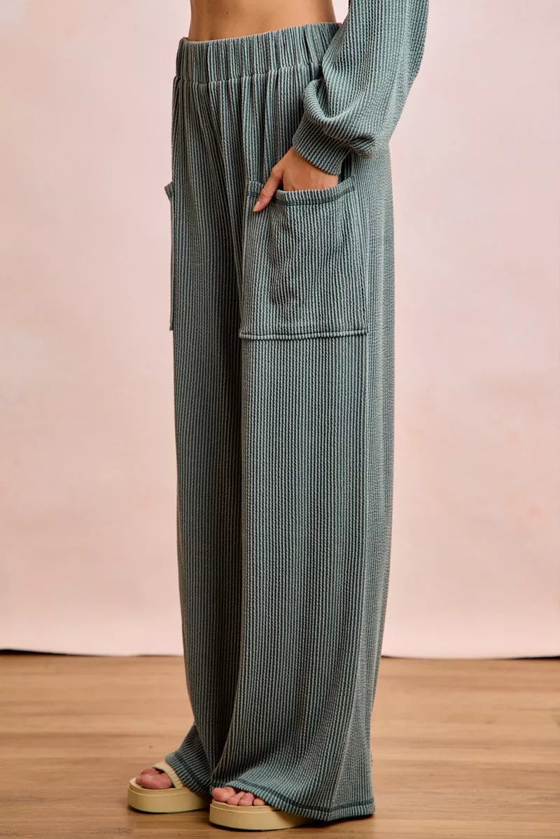 women's bibi two tone cord rib contrast stitching v-neck top and pants set - styling option